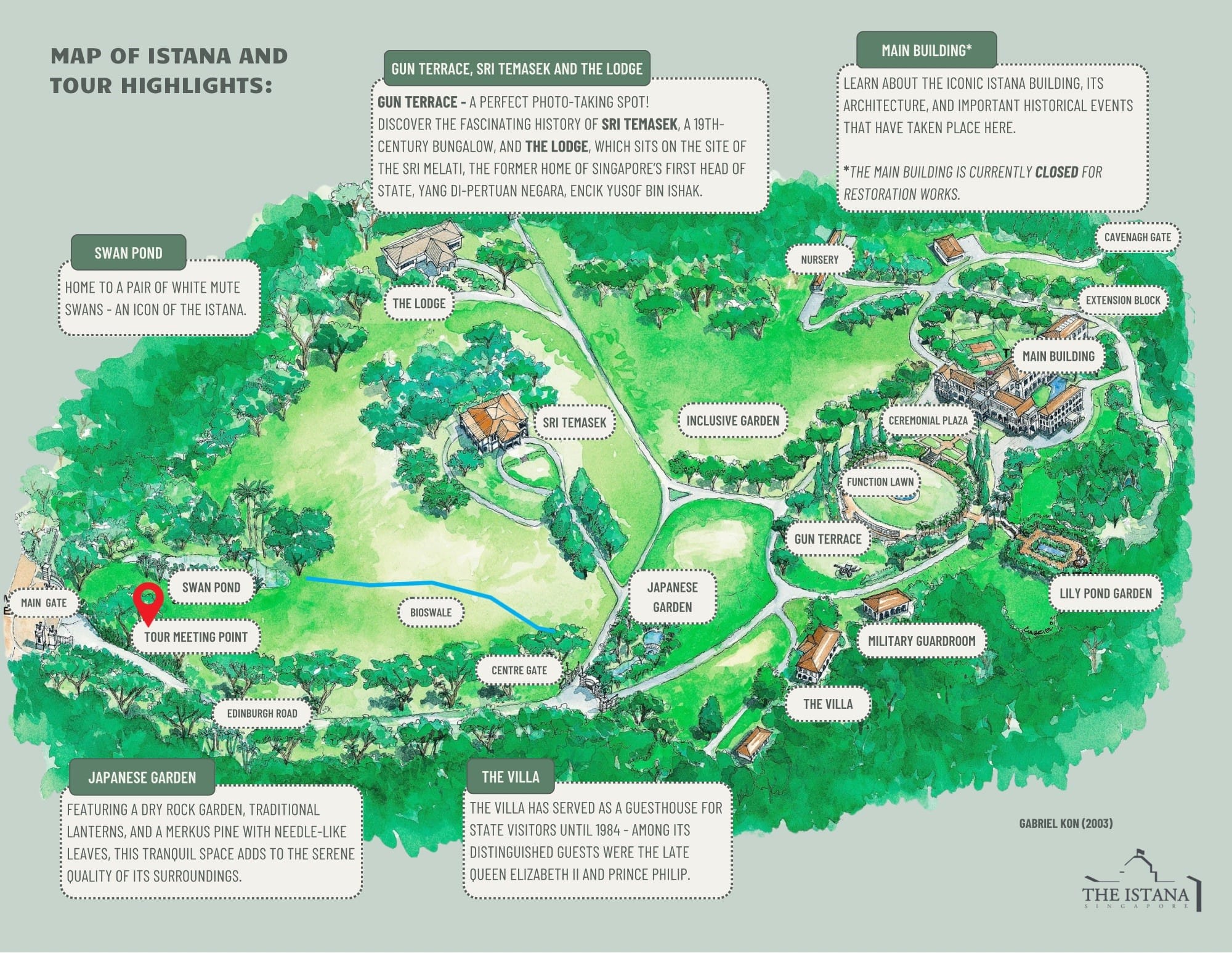 Illustrated Istana map with tour route and highlights: Main Building, Sri Temasek, gardens.